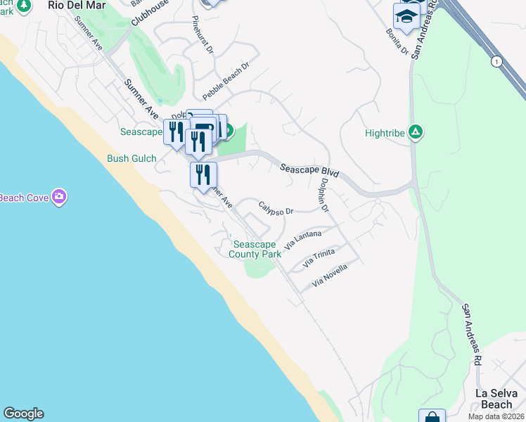 map of restaurants, bars, coffee shops, grocery stores, and more near 1600 Calypso Drive in Aptos