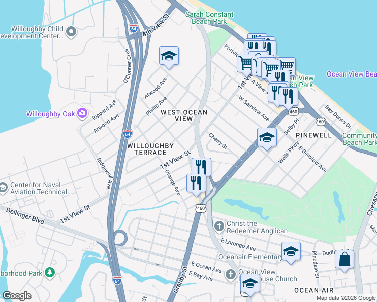 map of restaurants, bars, coffee shops, grocery stores, and more near 200 Maple Avenue in Norfolk