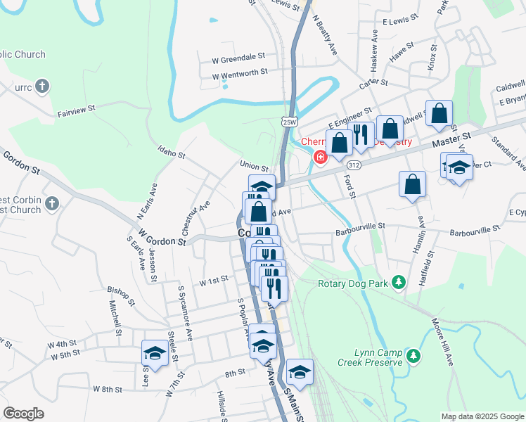 map of restaurants, bars, coffee shops, grocery stores, and more near 108 Roy Kidd Avenue in Corbin