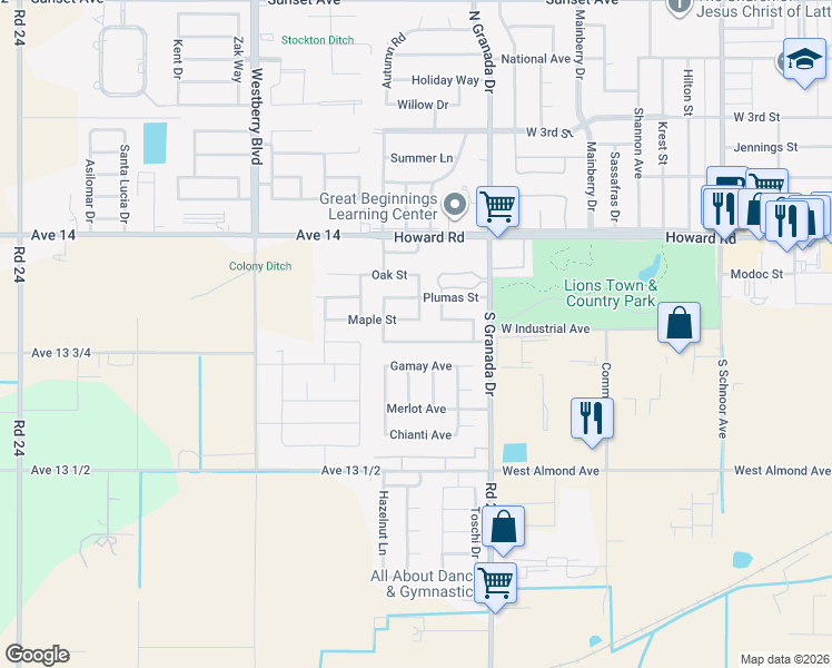 map of restaurants, bars, coffee shops, grocery stores, and more near 2796 Desert Ranch Way in Madera