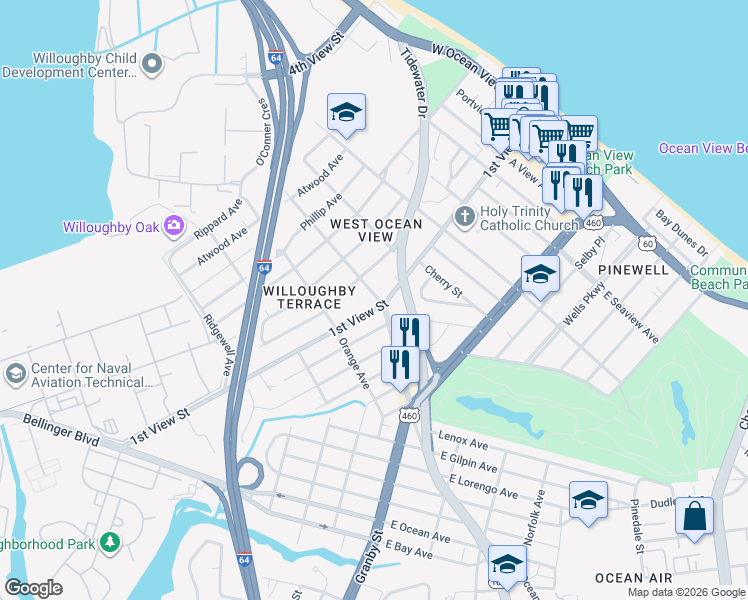map of restaurants, bars, coffee shops, grocery stores, and more near 191 Maple Avenue in Norfolk