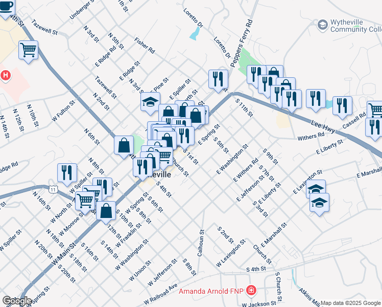map of restaurants, bars, coffee shops, grocery stores, and more near 210 South 1st Street in Wytheville