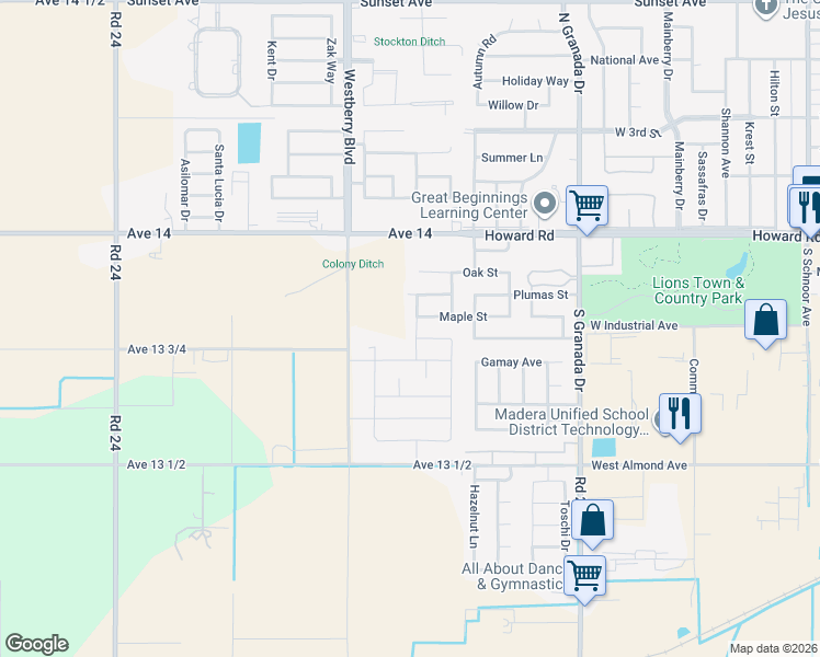 map of restaurants, bars, coffee shops, grocery stores, and more near 248 South Double Tree Way in Madera