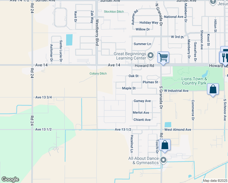 map of restaurants, bars, coffee shops, grocery stores, and more near 220 South Double Tree Way in Madera