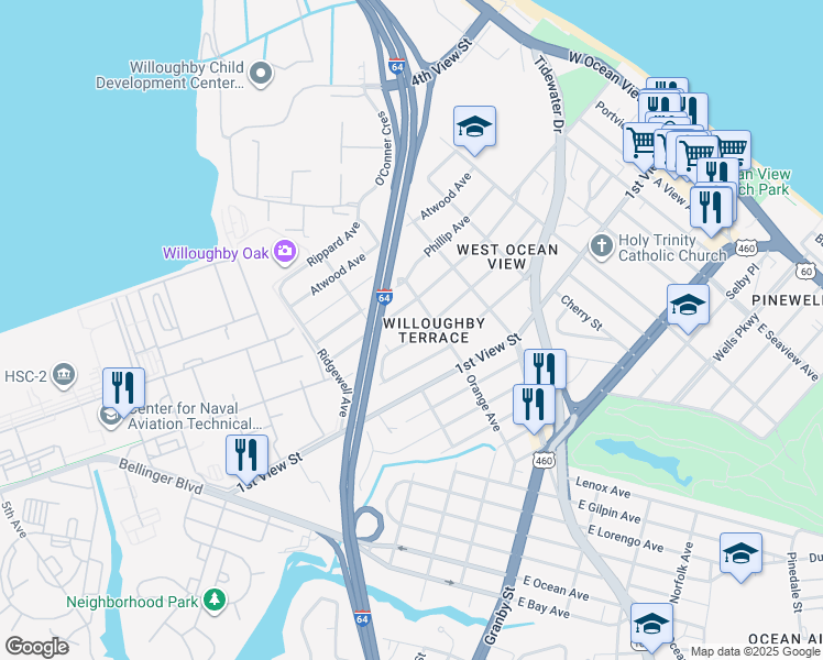 map of restaurants, bars, coffee shops, grocery stores, and more near 9275 Hickory Street in Norfolk