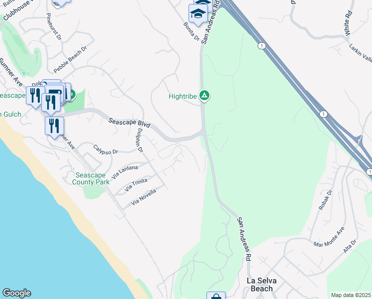 map of restaurants, bars, coffee shops, grocery stores, and more near in Rio del Mar