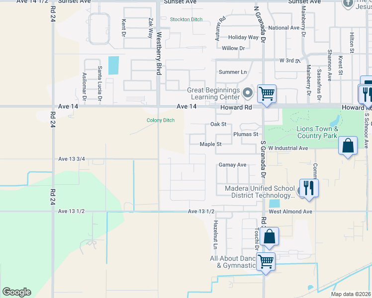 map of restaurants, bars, coffee shops, grocery stores, and more near 248 South Double Tree Way in Madera