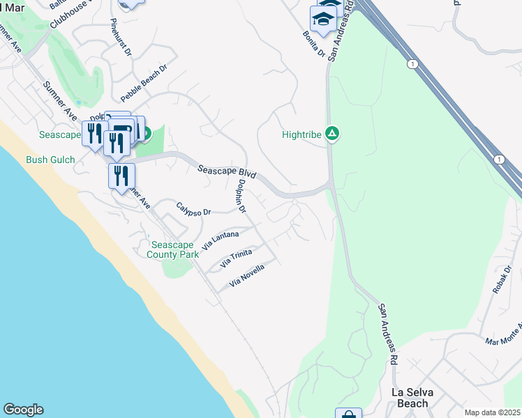 map of restaurants, bars, coffee shops, grocery stores, and more near 2180 Dolphin Drive in Aptos