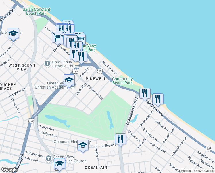 map of restaurants, bars, coffee shops, grocery stores, and more near 9629 Norfolk Avenue in Norfolk