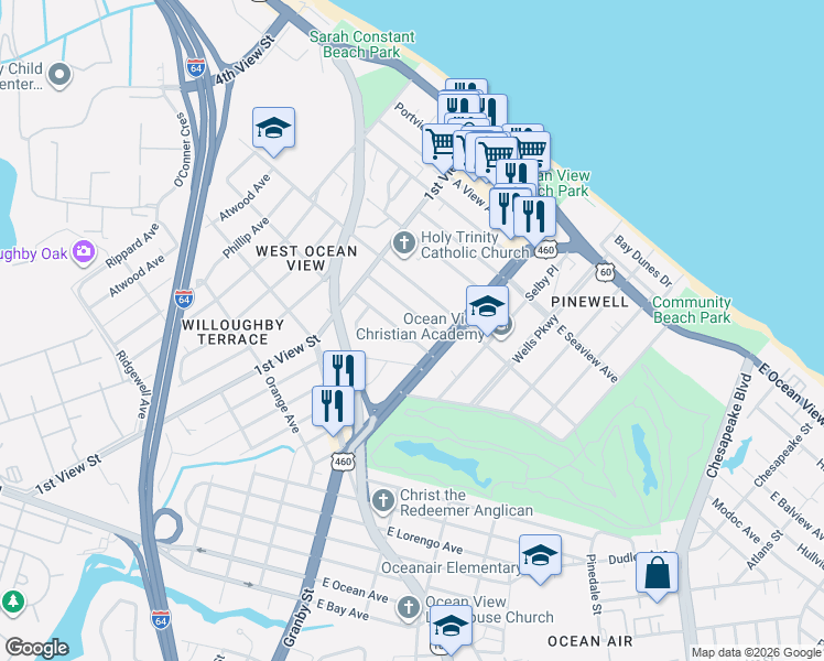 map of restaurants, bars, coffee shops, grocery stores, and more near 125 Lafayette Avenue in Norfolk