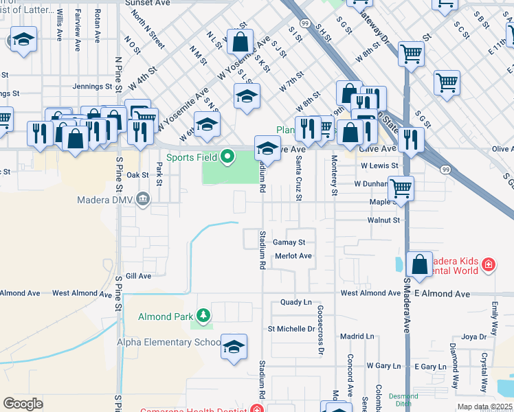 map of restaurants, bars, coffee shops, grocery stores, and more near 302 Stadium Road in Madera