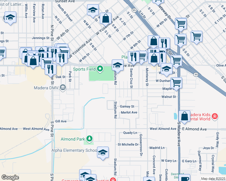 map of restaurants, bars, coffee shops, grocery stores, and more near 302 Stadium Road in Madera