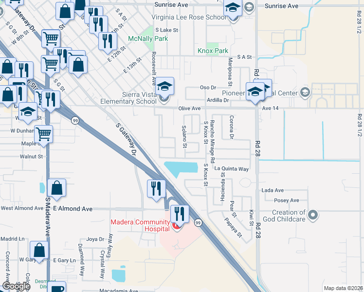 map of restaurants, bars, coffee shops, grocery stores, and more near 336 Solano Street in Madera