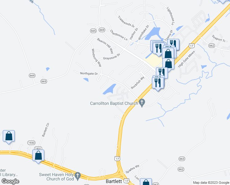 map of restaurants, bars, coffee shops, grocery stores, and more near 703 Marsh Elder Trail in Carrollton