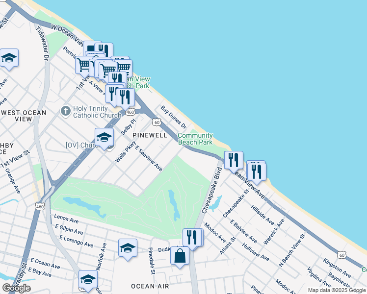 map of restaurants, bars, coffee shops, grocery stores, and more near in Norfolk