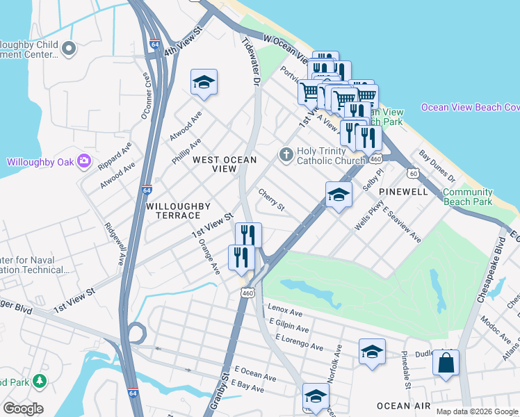 map of restaurants, bars, coffee shops, grocery stores, and more near 147 Lafayette Avenue in Norfolk