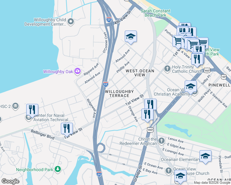 map of restaurants, bars, coffee shops, grocery stores, and more near 9261 Hickory Street in Norfolk