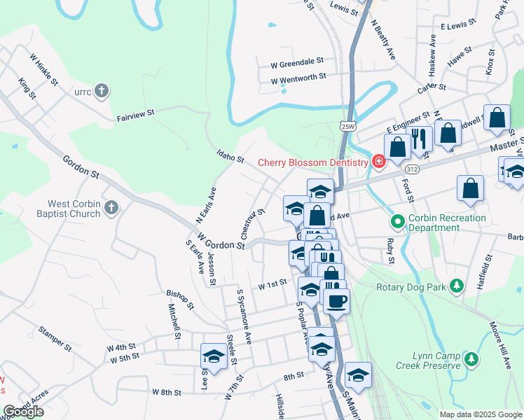 map of restaurants, bars, coffee shops, grocery stores, and more near in Corbin