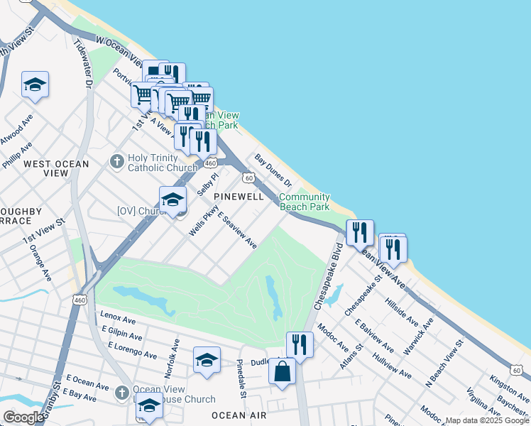 map of restaurants, bars, coffee shops, grocery stores, and more near 9640 Sherwood Place in Norfolk
