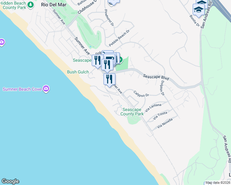 map of restaurants, bars, coffee shops, grocery stores, and more near 123 Seascape Resort Drive in Aptos