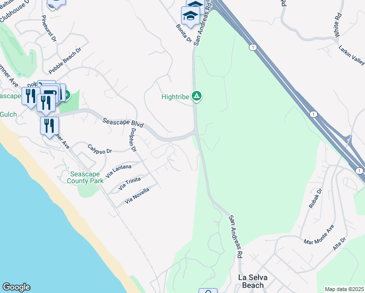 map of restaurants, bars, coffee shops, grocery stores, and more near 115 Seascape Ridge Drive in Aptos