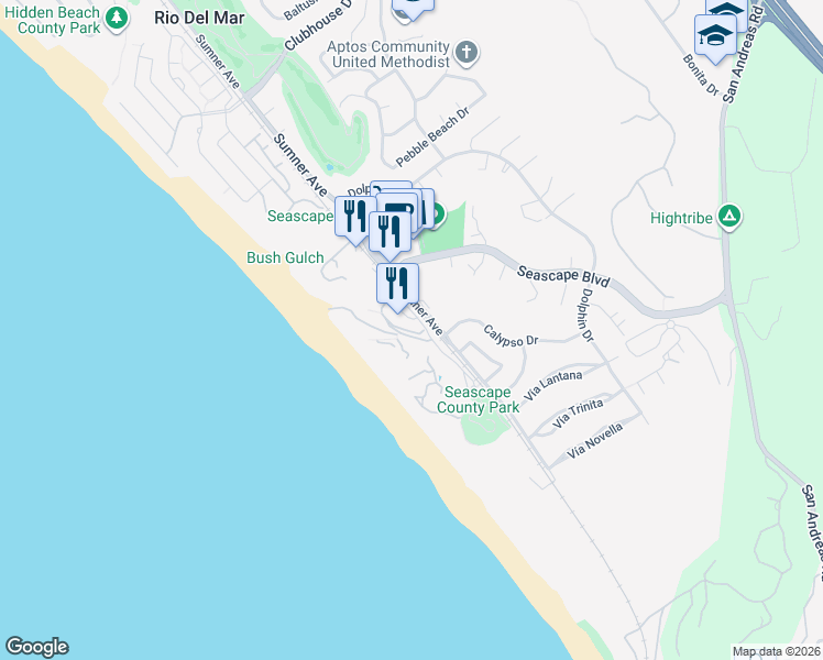 map of restaurants, bars, coffee shops, grocery stores, and more near 450 Seascape Resort Drive in Aptos