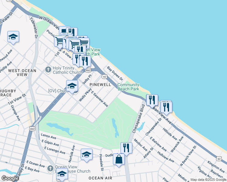 map of restaurants, bars, coffee shops, grocery stores, and more near 9642 Sherwood Place in Norfolk