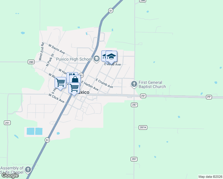 map of restaurants, bars, coffee shops, grocery stores, and more near 517 East Richardson Avenue in Puxico