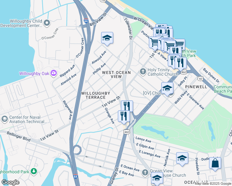 map of restaurants, bars, coffee shops, grocery stores, and more near 212 Maple Avenue in Norfolk