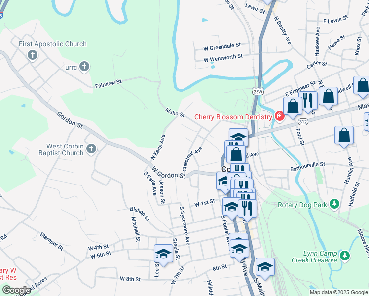 map of restaurants, bars, coffee shops, grocery stores, and more near 100 Williams Street in Corbin