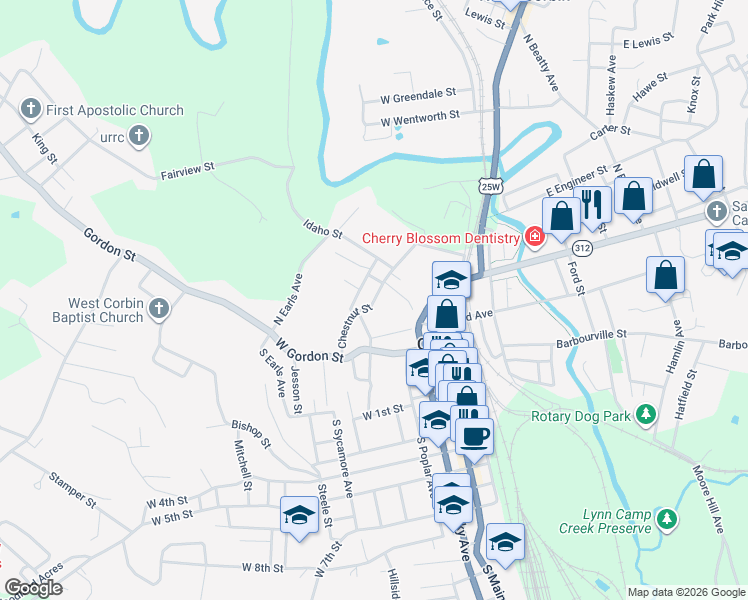 map of restaurants, bars, coffee shops, grocery stores, and more near 208 West Center Street in Corbin