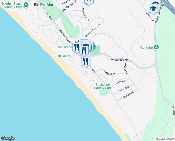 map of restaurants, bars, coffee shops, grocery stores, and more near 312 Seascape Resort Drive in Aptos