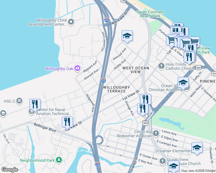 map of restaurants, bars, coffee shops, grocery stores, and more near 9261 Hickory Street in Norfolk