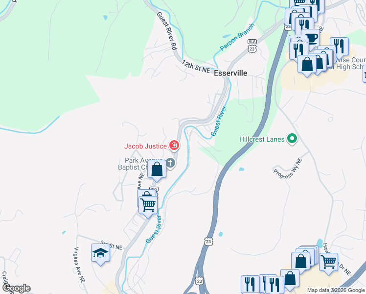 map of restaurants, bars, coffee shops, grocery stores, and more near 786-800 Park Ave NE in Norton