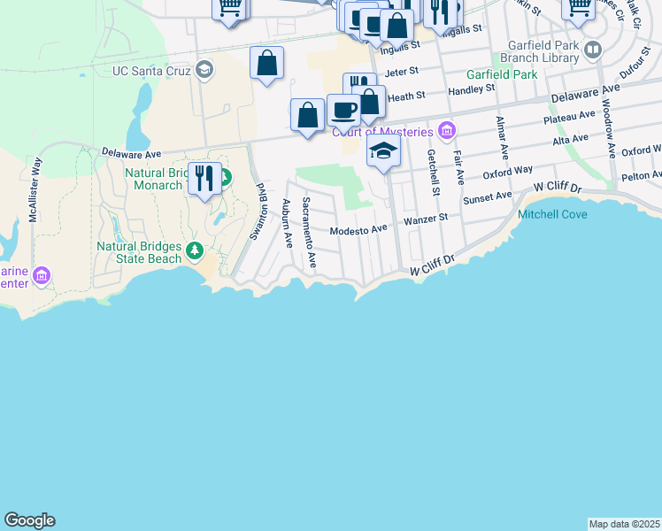 map of restaurants, bars, coffee shops, grocery stores, and more near 105 San Jose Avenue in Santa Cruz