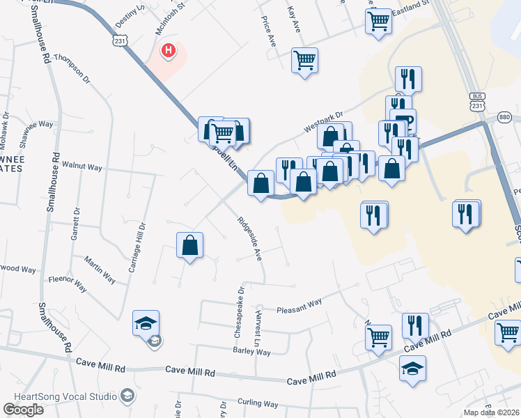 map of restaurants, bars, coffee shops, grocery stores, and more near 1522 Ridgeside Avenue in Bowling Green