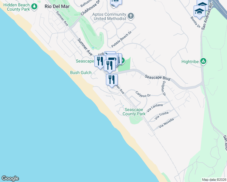 map of restaurants, bars, coffee shops, grocery stores, and more near 450 Seascape Resort Drive in Aptos