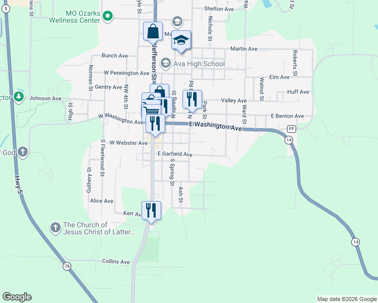 map of restaurants, bars, coffee shops, grocery stores, and more near 306 South Mansfield Road in Ava