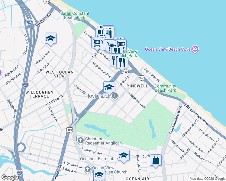 map of restaurants, bars, coffee shops, grocery stores, and more near 9550 Granby Street in Norfolk