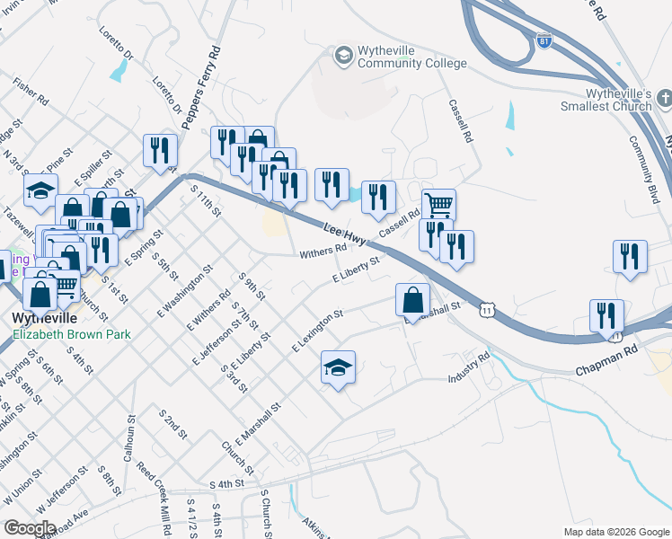 map of restaurants, bars, coffee shops, grocery stores, and more near 901-925 Withers Road in Wytheville