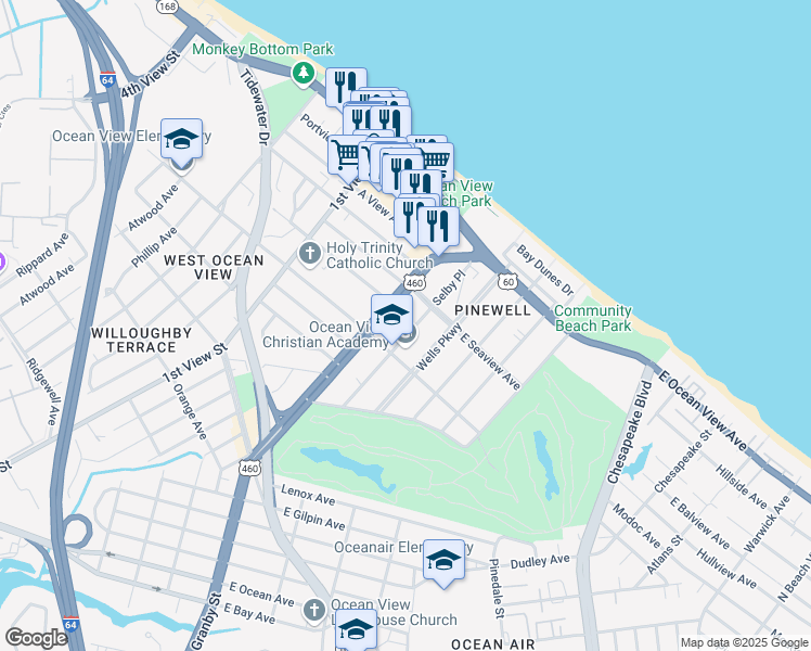 map of restaurants, bars, coffee shops, grocery stores, and more near 9525 Selby Place in Norfolk