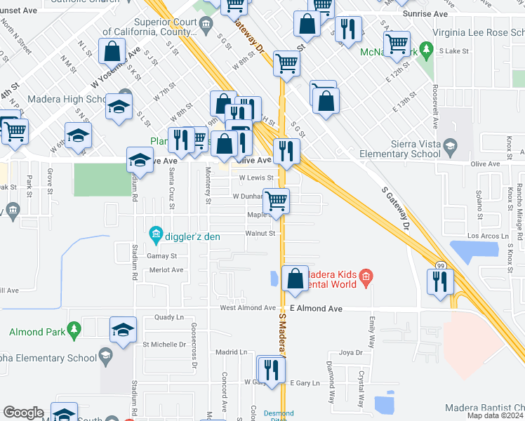map of restaurants, bars, coffee shops, grocery stores, and more near 121 Maple Street in Madera