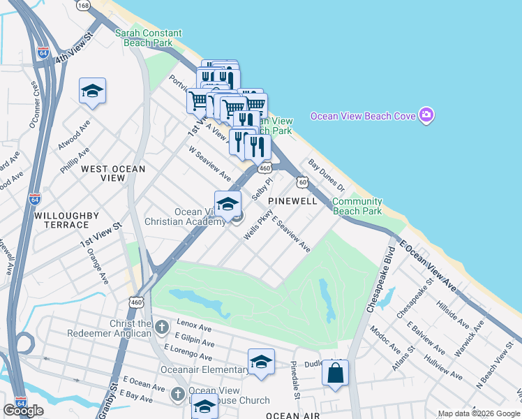 map of restaurants, bars, coffee shops, grocery stores, and more near 9610 Selby Place in Norfolk