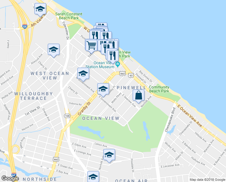 map of restaurants, bars, coffee shops, grocery stores, and more near 9540 Selby Place in Norfolk