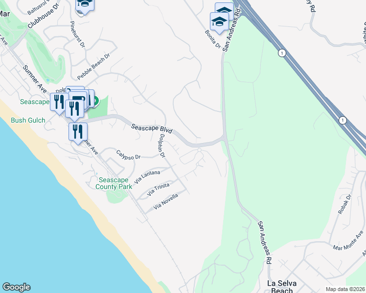 map of restaurants, bars, coffee shops, grocery stores, and more near 2029 Seascape Boulevard in Aptos