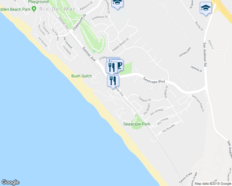 map of restaurants, bars, coffee shops, grocery stores, and more near 117 Seascape Resort Drive in Aptos