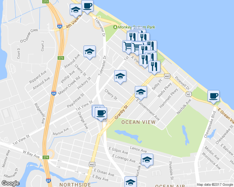 map of restaurants, bars, coffee shops, grocery stores, and more near 135 Dupre Avenue in Norfolk