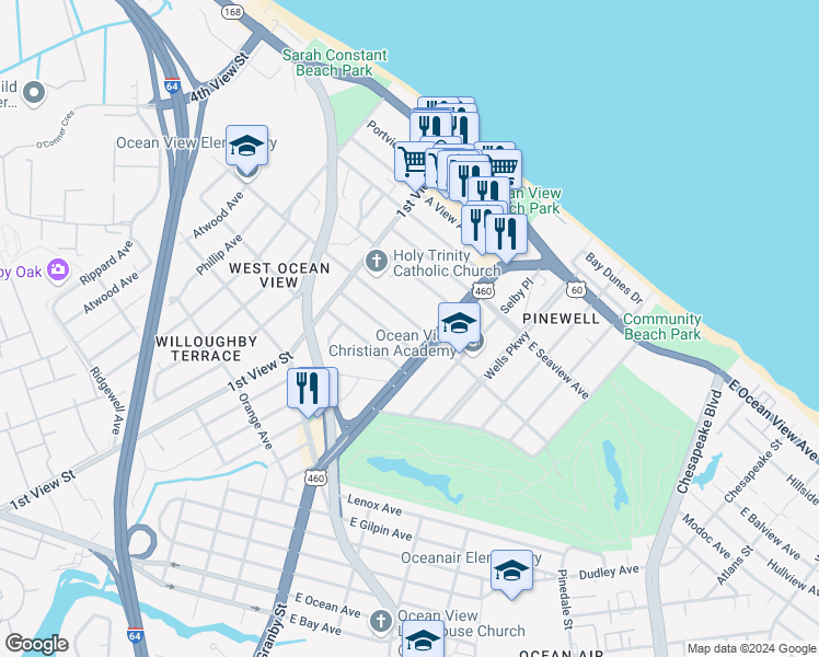 map of restaurants, bars, coffee shops, grocery stores, and more near 129 West Government Avenue in Norfolk
