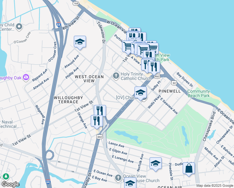 map of restaurants, bars, coffee shops, grocery stores, and more near 135 Dupre Avenue in Norfolk