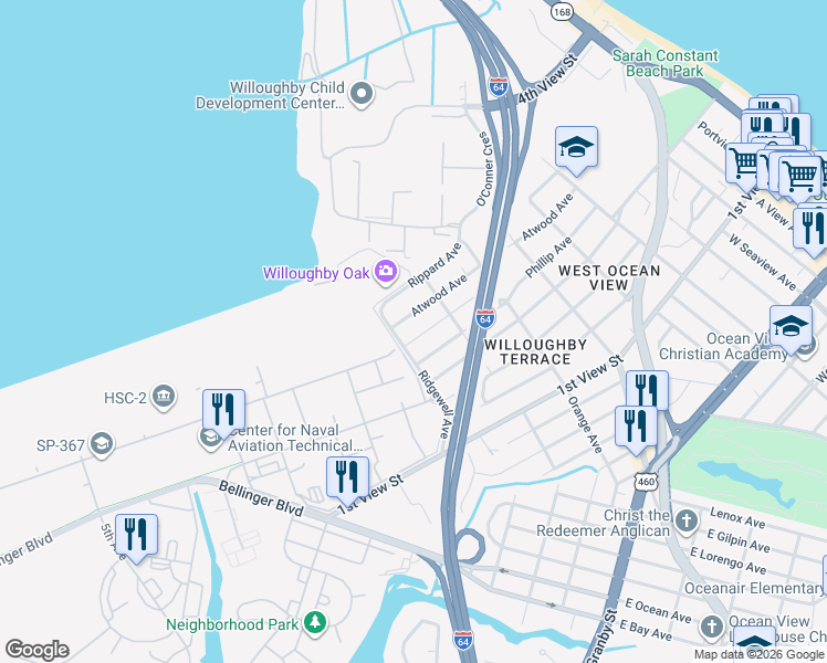 map of restaurants, bars, coffee shops, grocery stores, and more near 9232 Atwood Avenue in Norfolk